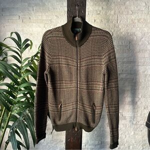 Ralph Lauren Houndstooth Knit Zip Brown Tan Sweater Jacket M